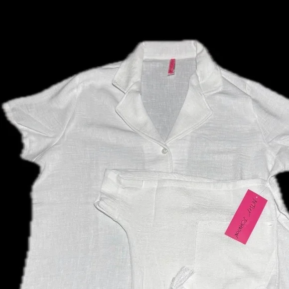 NWT Betsey Johnson 2 Piece Button Down Shirt & Short Set White Size Medium - Picture 12 of 13